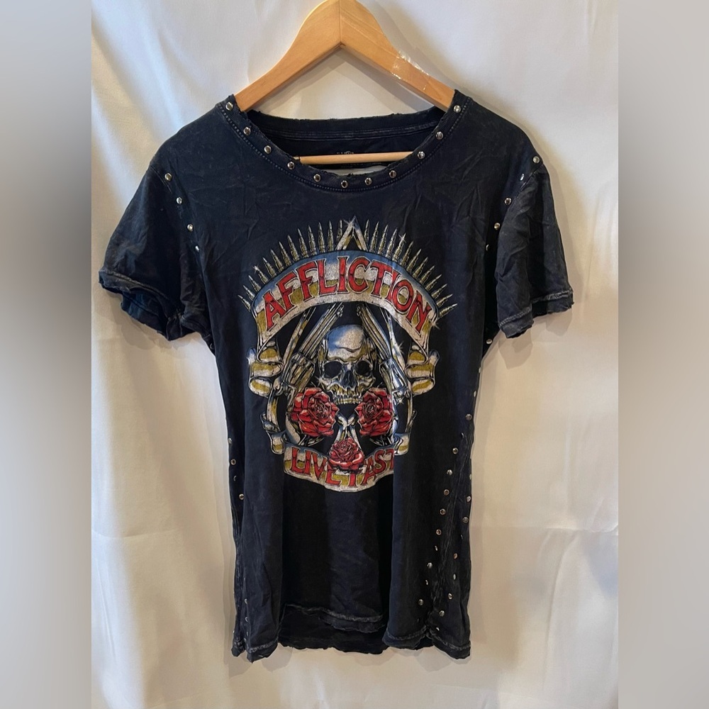 Affliction Women’s Charcoal Crew Neck Tee with Open Back L Y2K